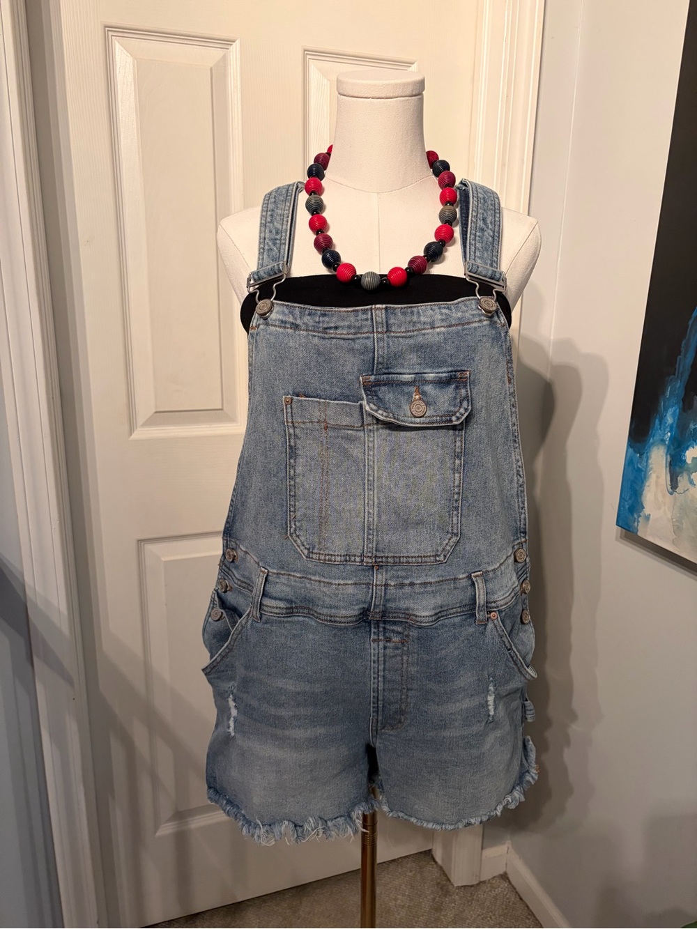 Indigo Rein Light Blue Denim Short Overalls with Pink & Black Necklace